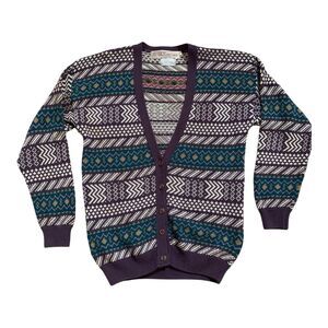 Vintage Women's Cotton Cardigan LARGE Purple Chunky Button Up Scotland Knitted